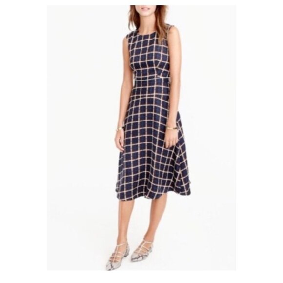 J Crew SILK Midi Dress 10 Black Cream Blue Brown A Line Career Church - Picture 6 of 16